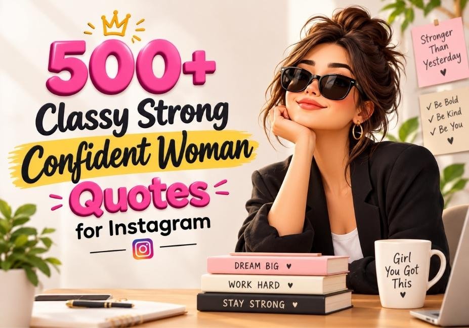 500+ classy strong confident woman quotes for Instagram featuring a stylish confident woman, motivational typography, books, and empowering feminine decor.