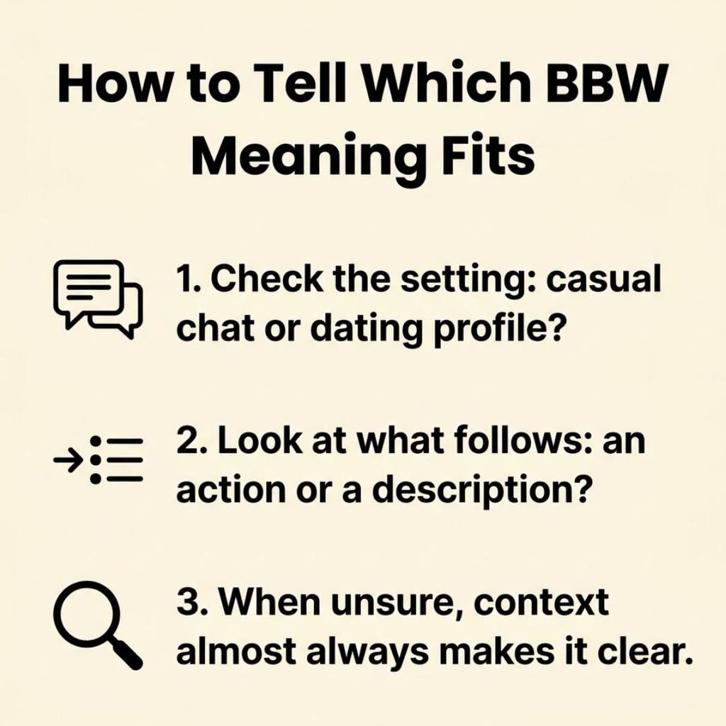 BBW meaning infographic showing three steps to tell which definition of BBW fits the context
