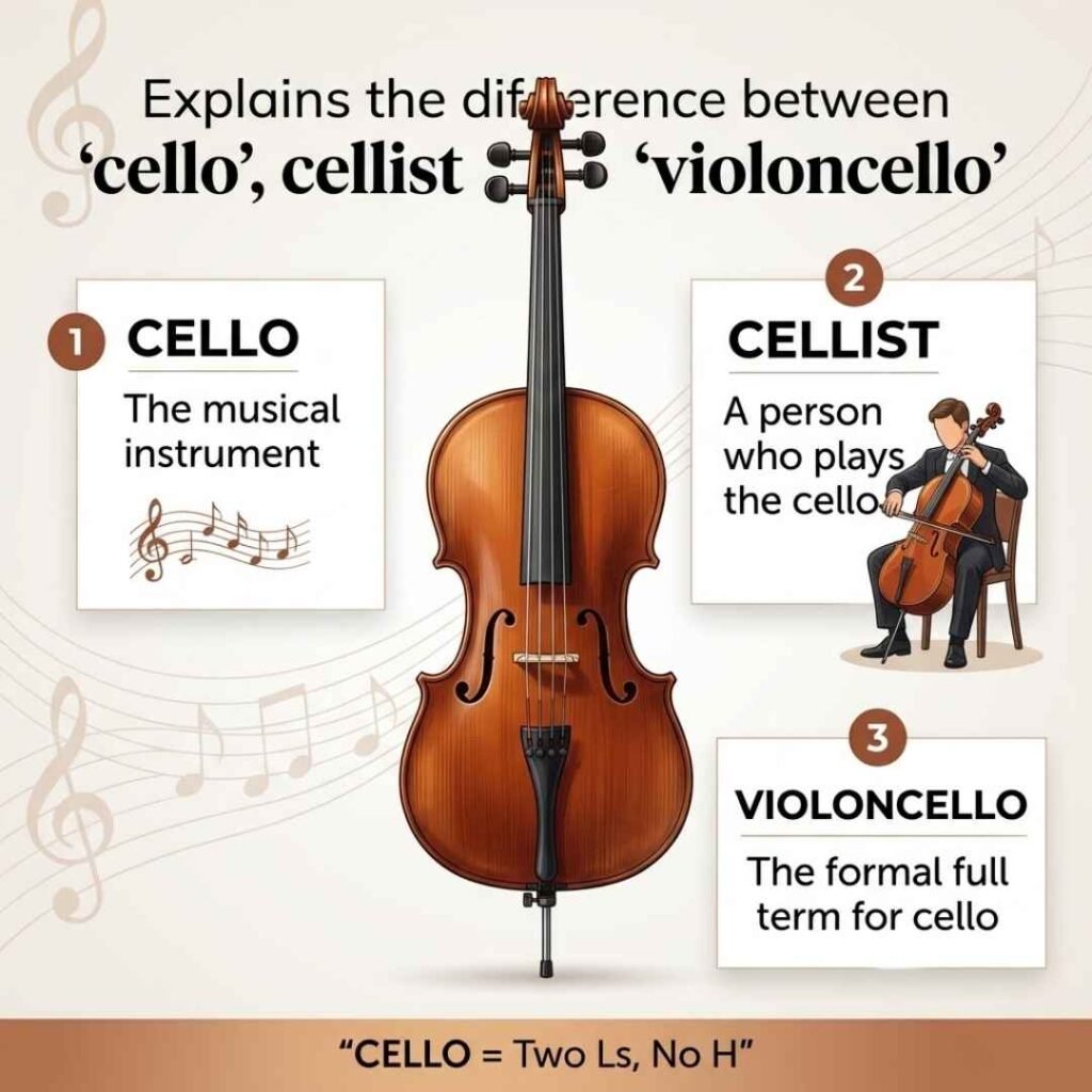 Cello cellist and violoncello infographic explaining related music terms