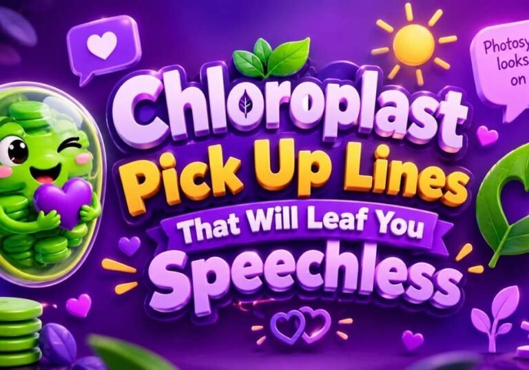 Chloroplast pick up lines with a cute 3D chloroplast, hearts, leaves, and science icons on a purple background