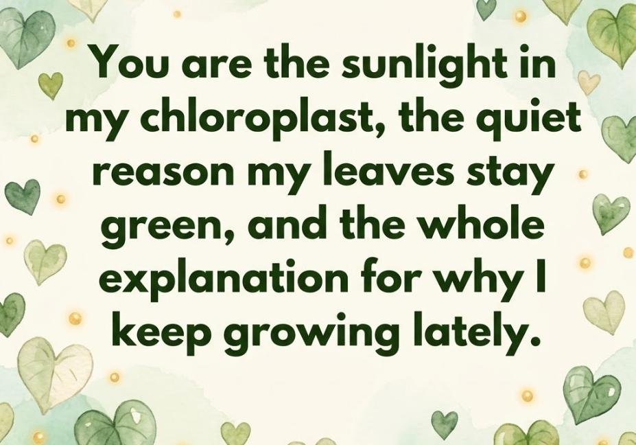 Cute chloroplast pick up lines on a pastel watercolor background with heart-shaped leaves