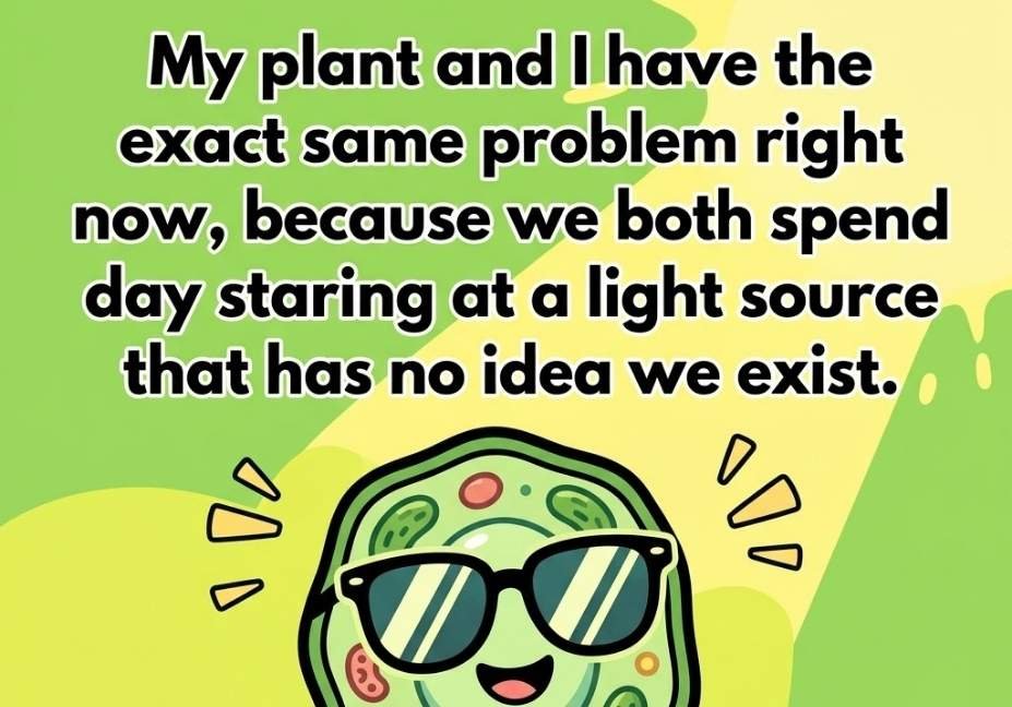 Funny chloroplast pick up lines featured with a cartoon plant cell character wearing sunglasses