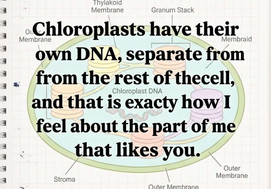 Nerdy chloroplast pick up lines displayed over a labeled thylakoid and stroma science diagram