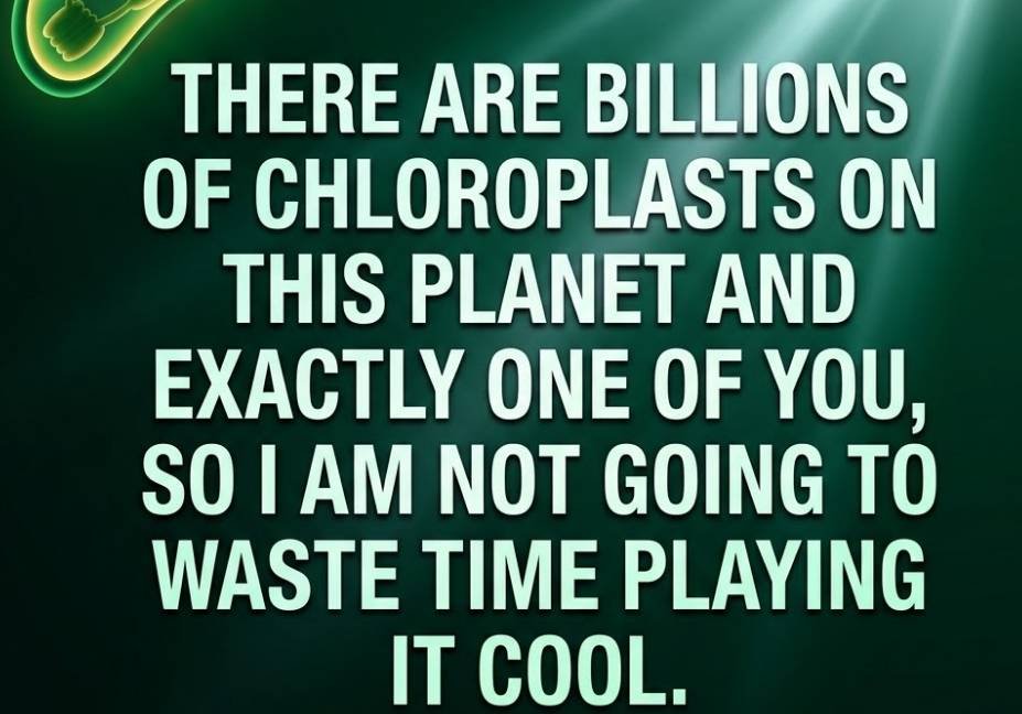 Bold chloroplast pick up lines quote on a dramatic dark green background with light beam