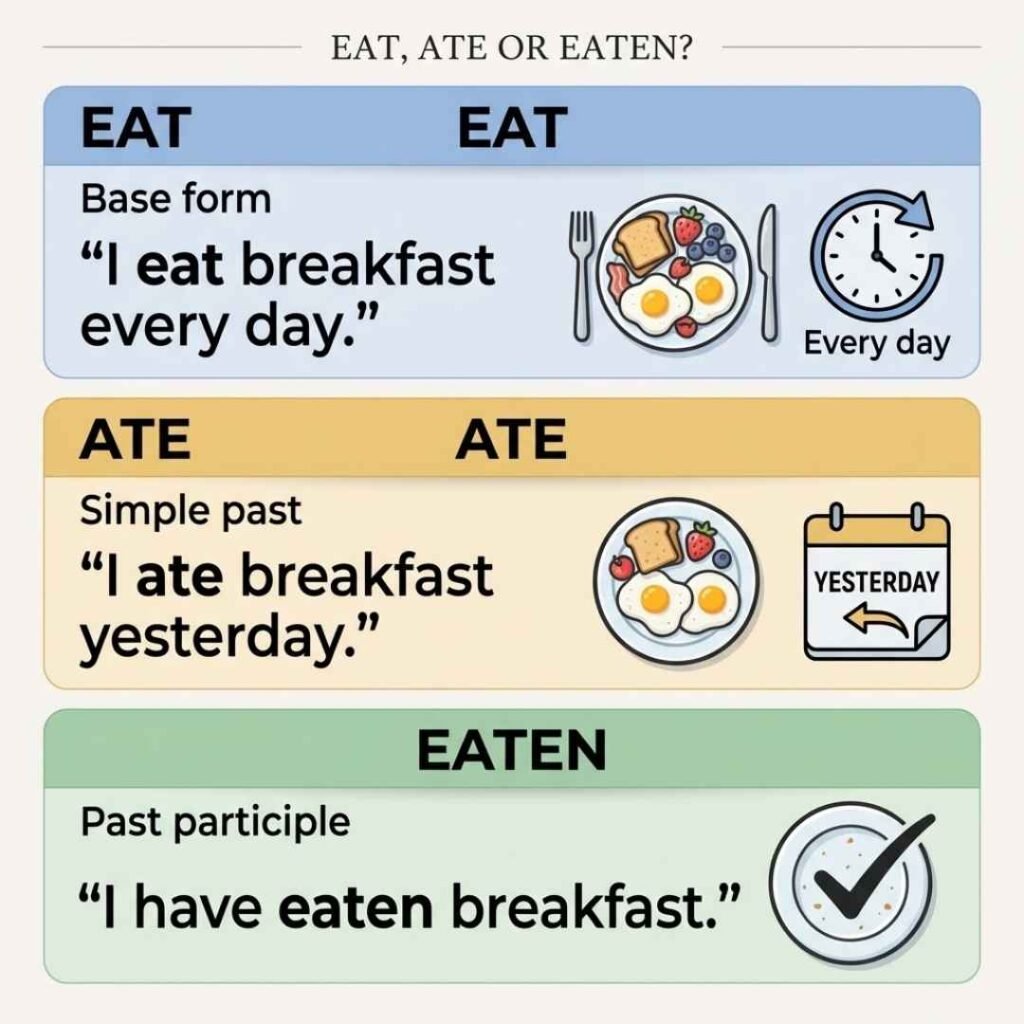 Eat ate eaten grammar chart showing the three forms of the verb eat
