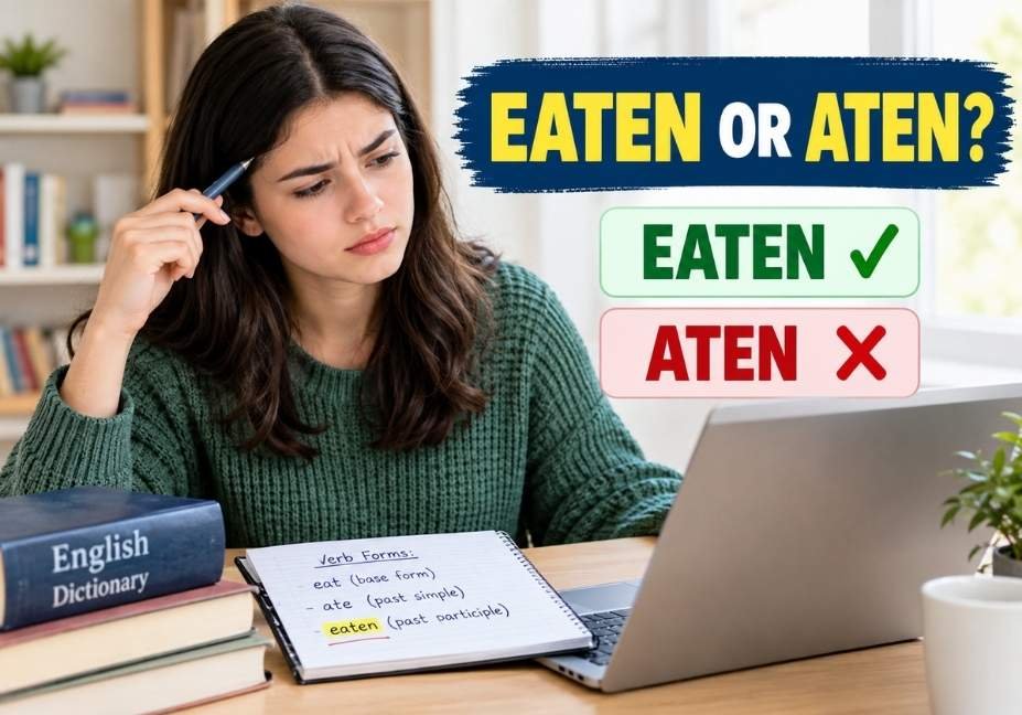 Eaten or aten spelling comparison showing the correct English word eaten