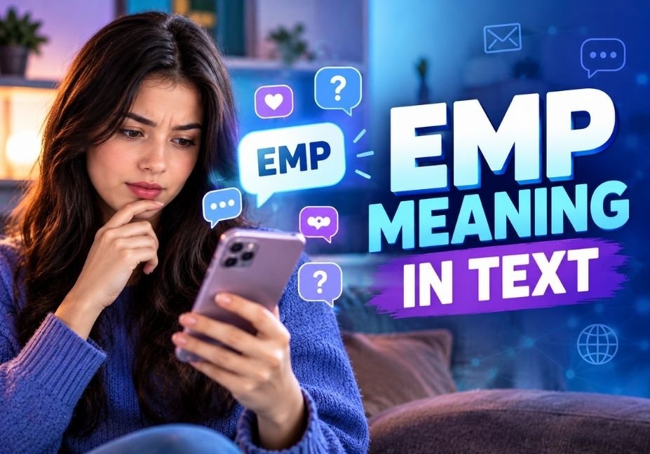EMP meaning in text shown on a smartphone with chat bubbles and technology icons