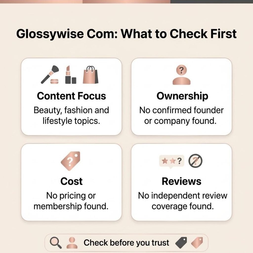 Infographic showing what to check about glossywise com including content focus, ownership and cost