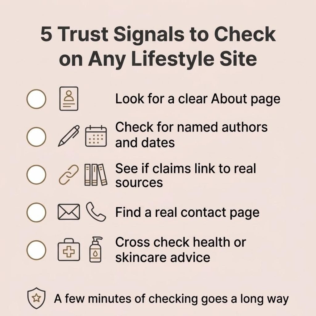 Checklist infographic listing five trust signals to check on any beauty or lifestyle website