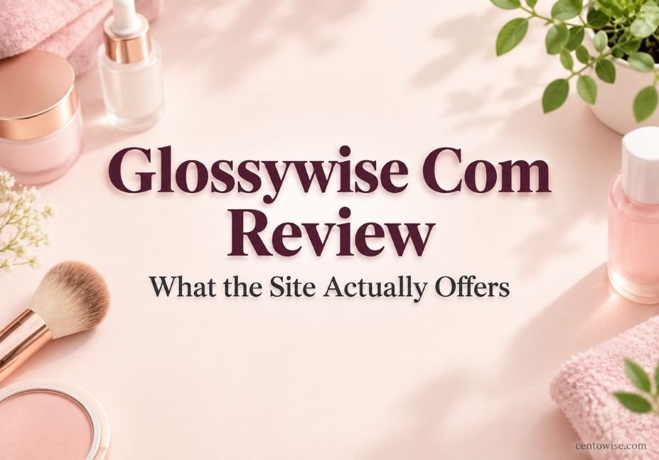 Glossywise com review featured image showing a beauty and lifestyle flat lay with skincare items