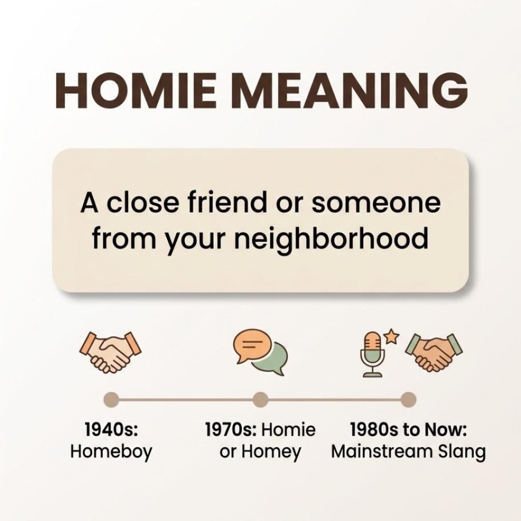 Infographic showing homie meaning and its origin timeline from homeboy to modern slang