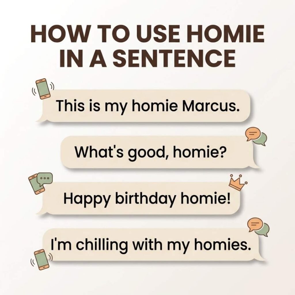 Infographic with example sentences showing how to use homie in everyday texting