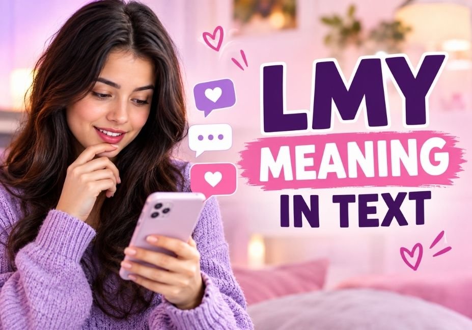 LMY meaning in text showing a young woman reading an affectionate message on her smartphone