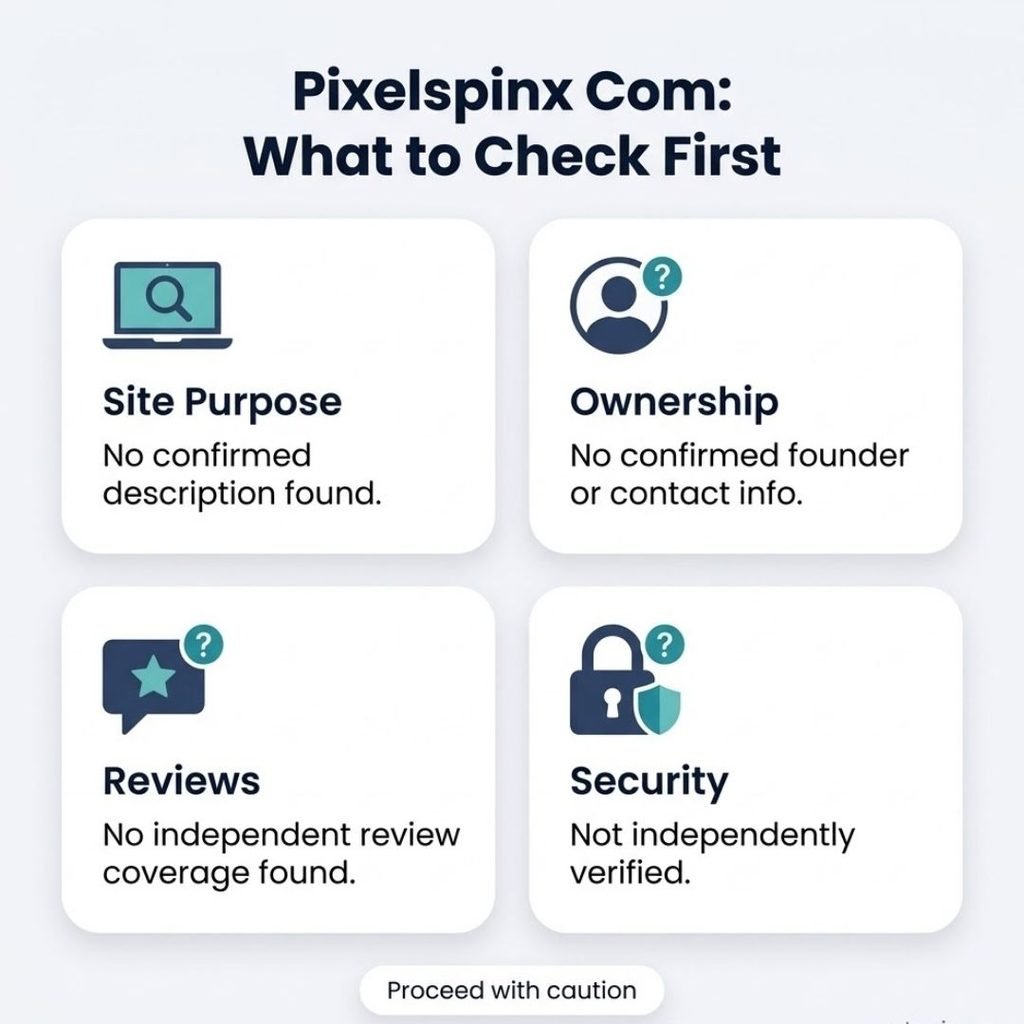 Infographic showing what to check about pixelspinx com including site purpose, ownership and security