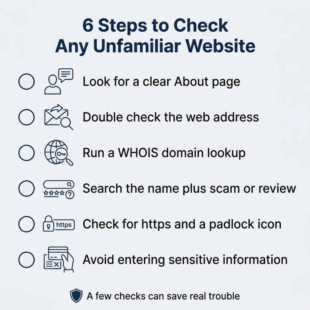 Checklist infographic listing six steps to check any unfamiliar website before trusting it