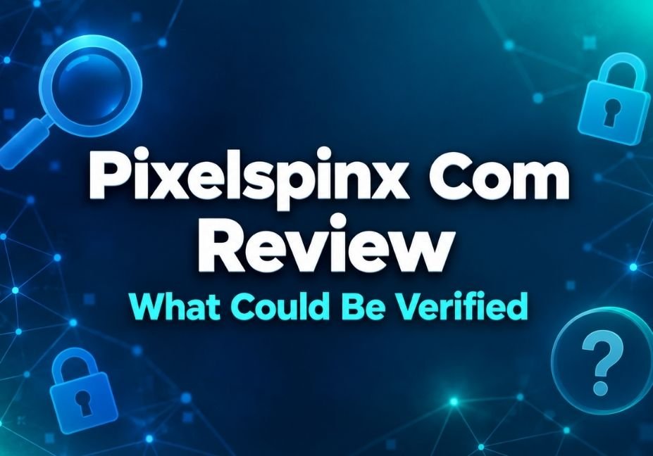 Pixelspinx com review featured image with a dark navy tech background and network grid pattern