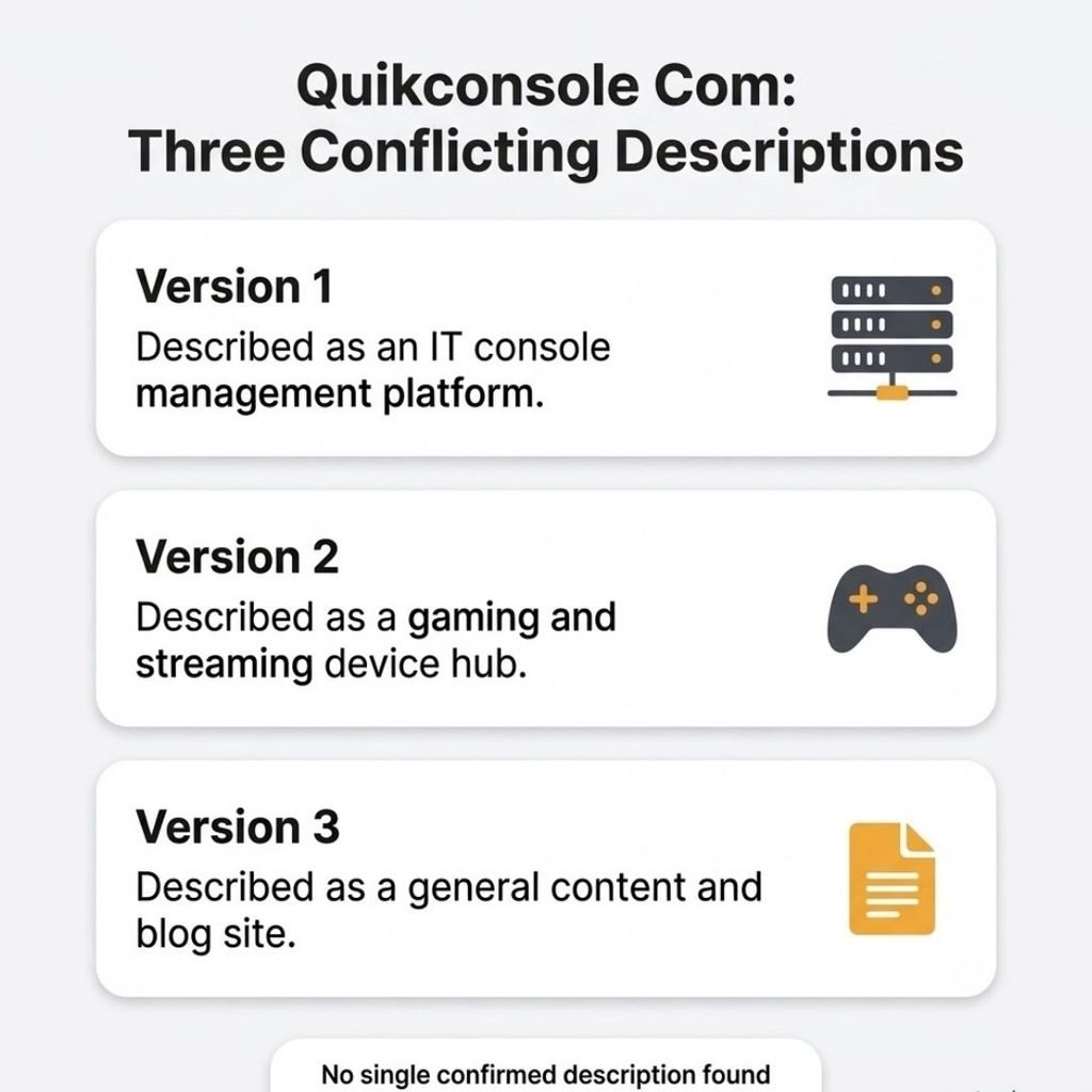 Infographic showing three conflicting descriptions of quikconsole com as an IT tool, device hub and blog