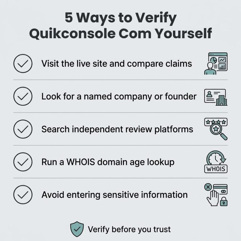 Checklist infographic showing five ways to verify quikconsole com before trusting the site