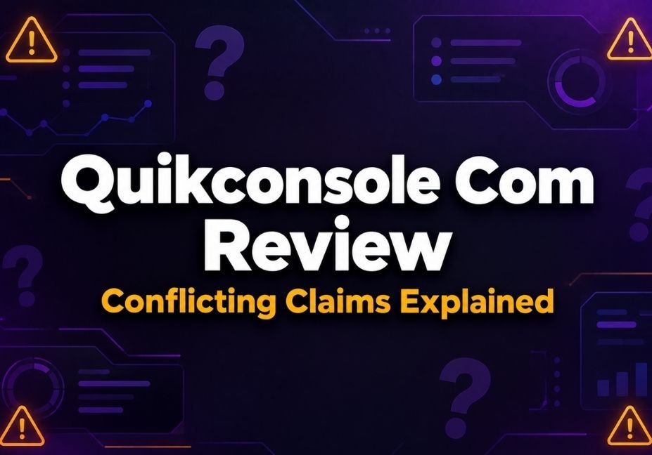 Quikconsole com review featured image with a dark tech dashboard background and warning icons