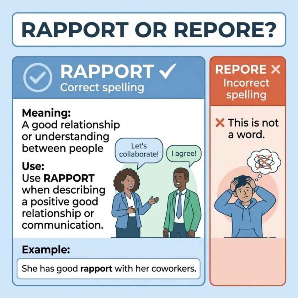 Rapport correct spelling meaning and example compared with incorrect repore spelling