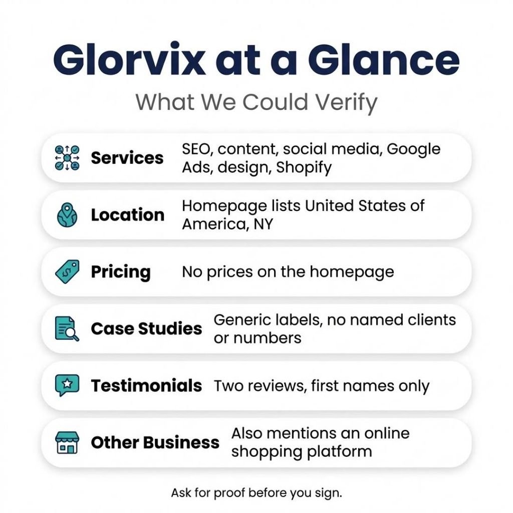 SEO agency in USA Glorvix at a glance infographic showing services, location, pricing and testimonials