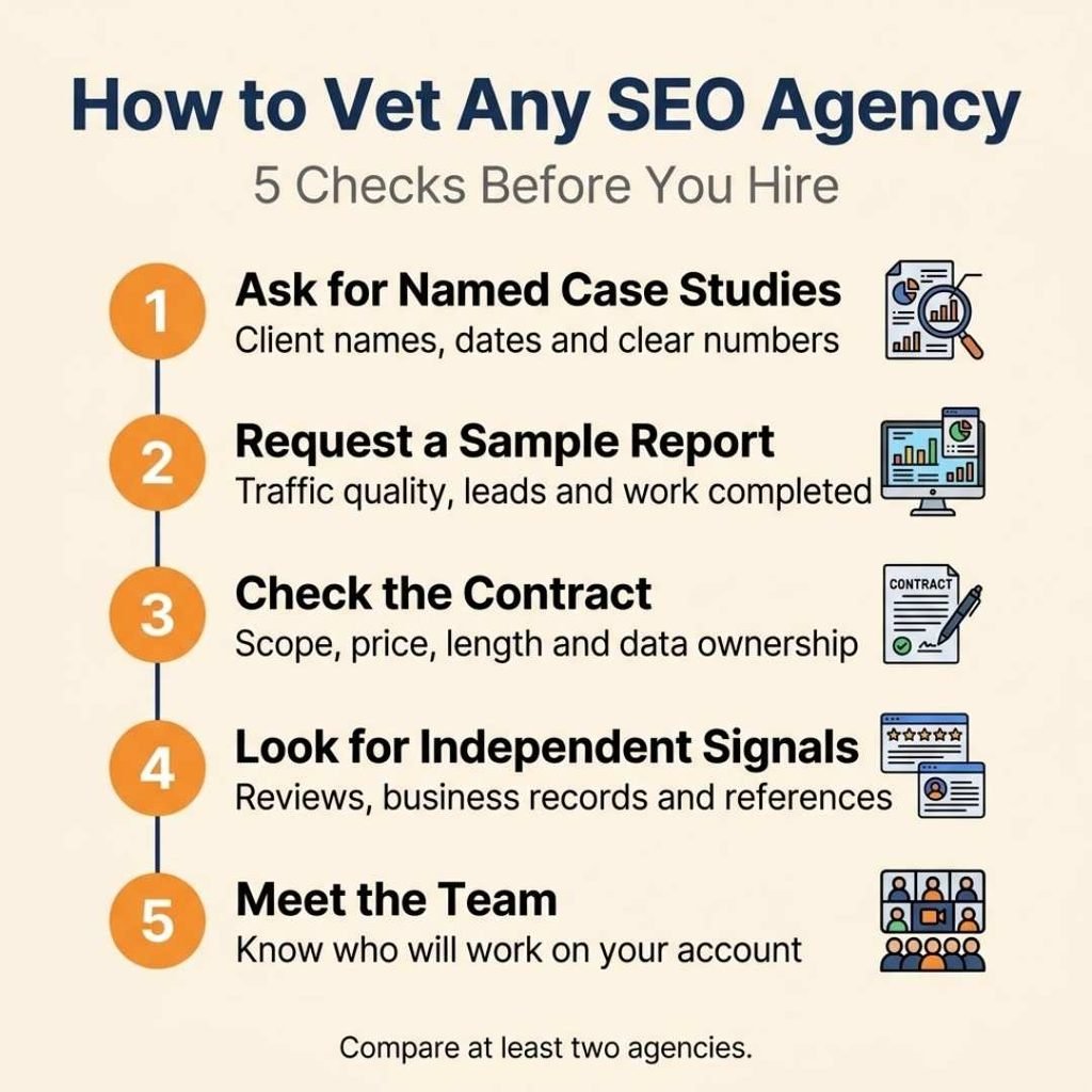 Infographic with five checks to vet an SEO agency in USA Glorvix before you hire