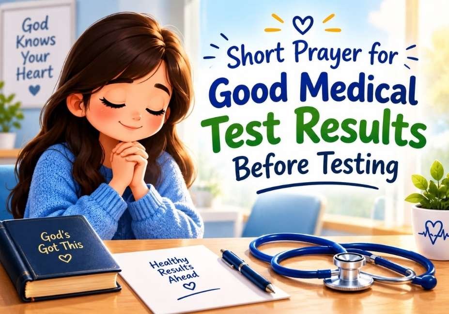 Short Prayer for Good Medical Test Results Before Testing – Cute Inspirational Christian Prayer Image with a Woman Praying for Healing and Positive Medical Test Results.