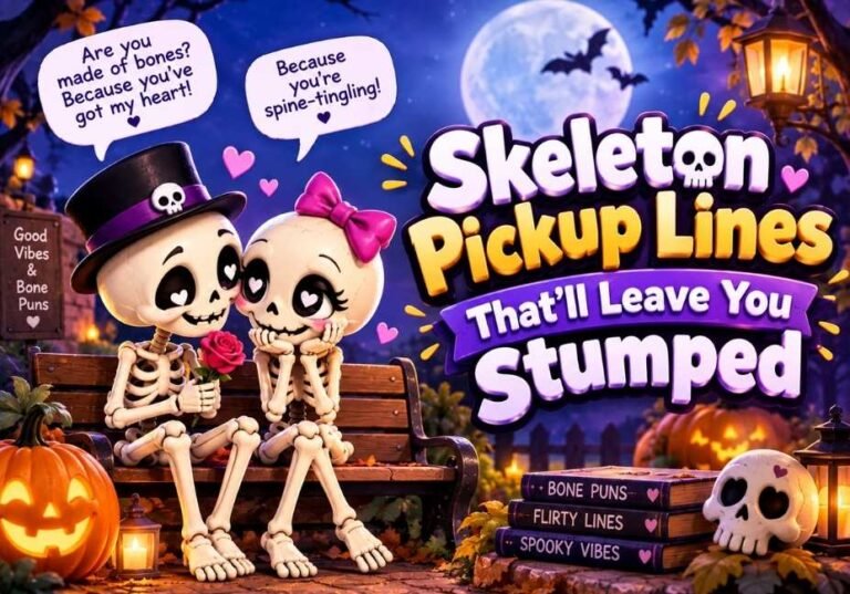 Skeleton pickup lines featuring cute 3D skeletons, hearts, pumpkins, and romantic Halloween decorations