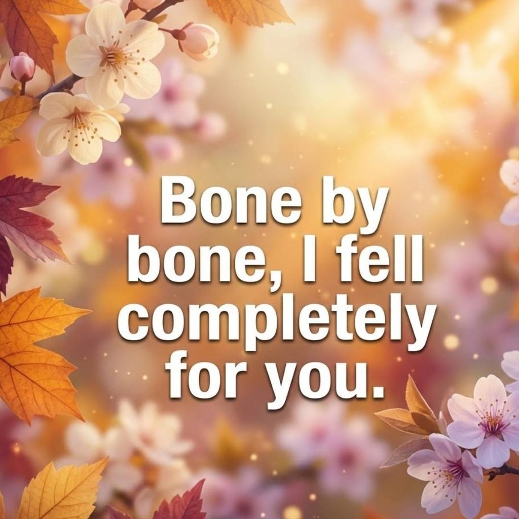 Romantic skeleton pickup lines quote over a dreamy blend of autumn leaves and blossoms