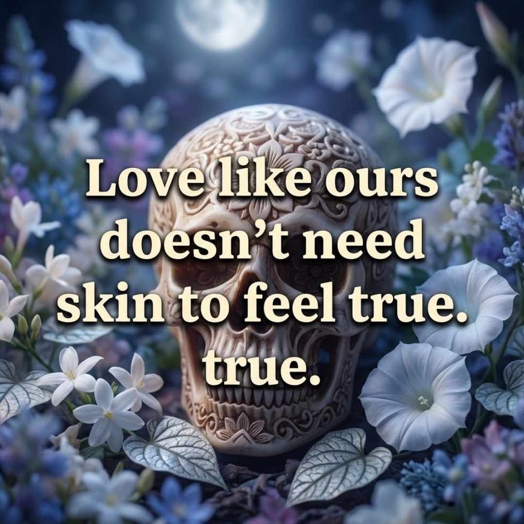Romantic skeleton pickup lines quote over a moonlit background with bone-white floral accents