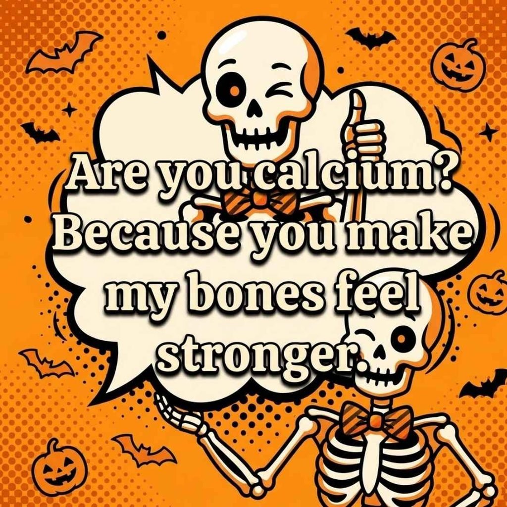 Funny skeleton pickup lines featured with a cartoon skeleton character in a Halloween comic style