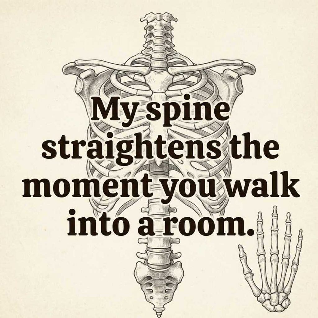 Clever skeleton pickup lines displayed over a minimalist skeletal hand sketch illustration