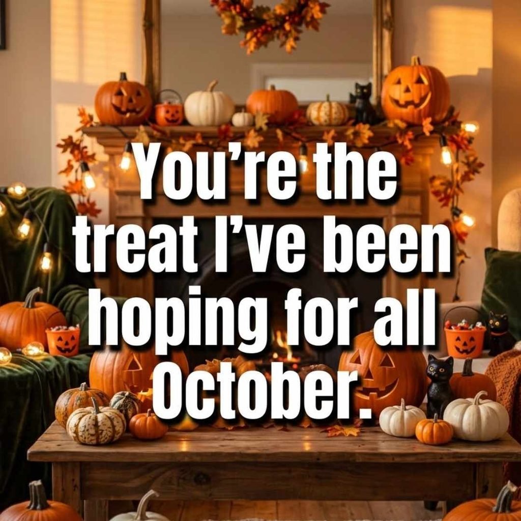 Halloween skeleton pickup lines quote over a warm golden hour pumpkin and string light scene