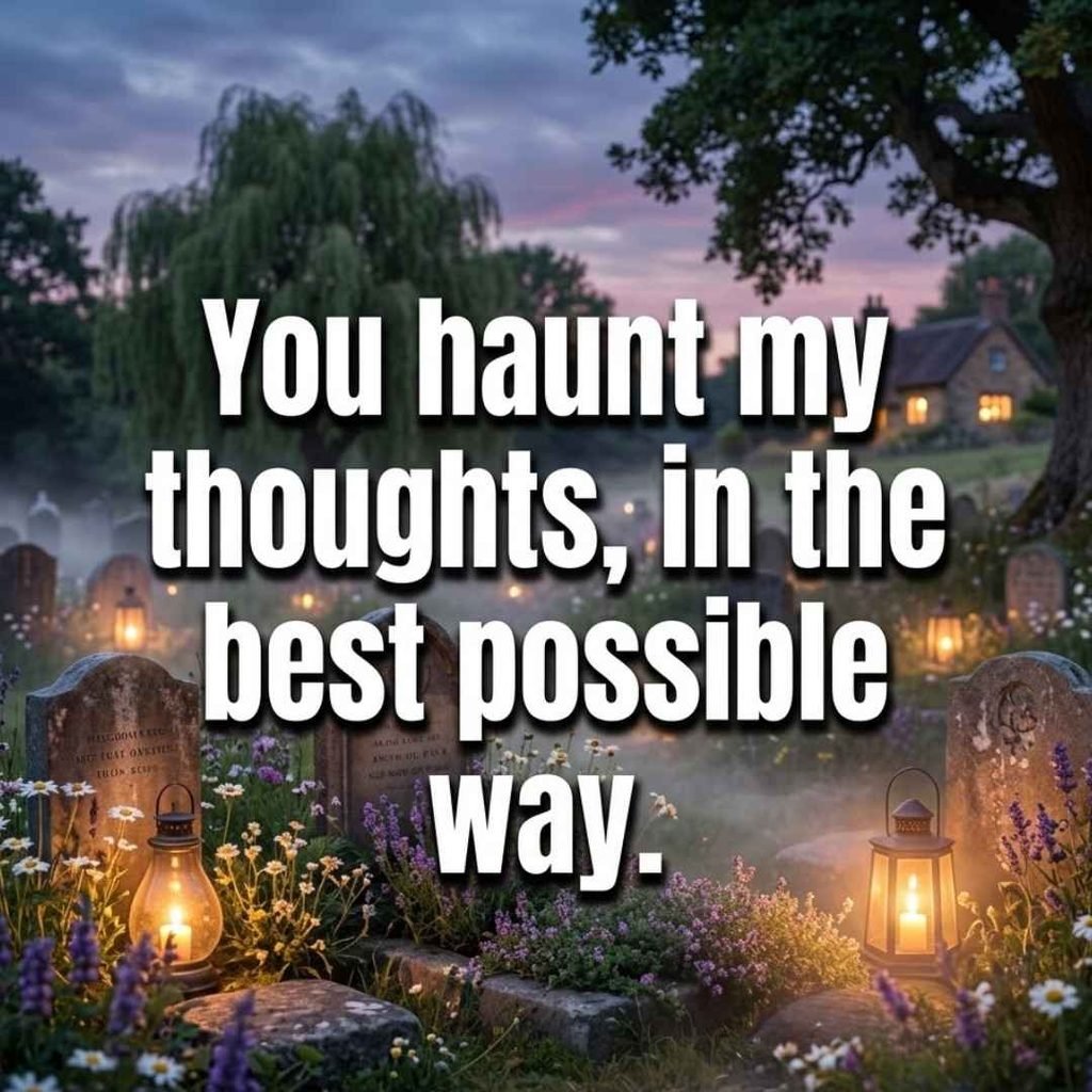 Spooky skeleton pickup lines quote set in a gentle graveyard scene at dusk