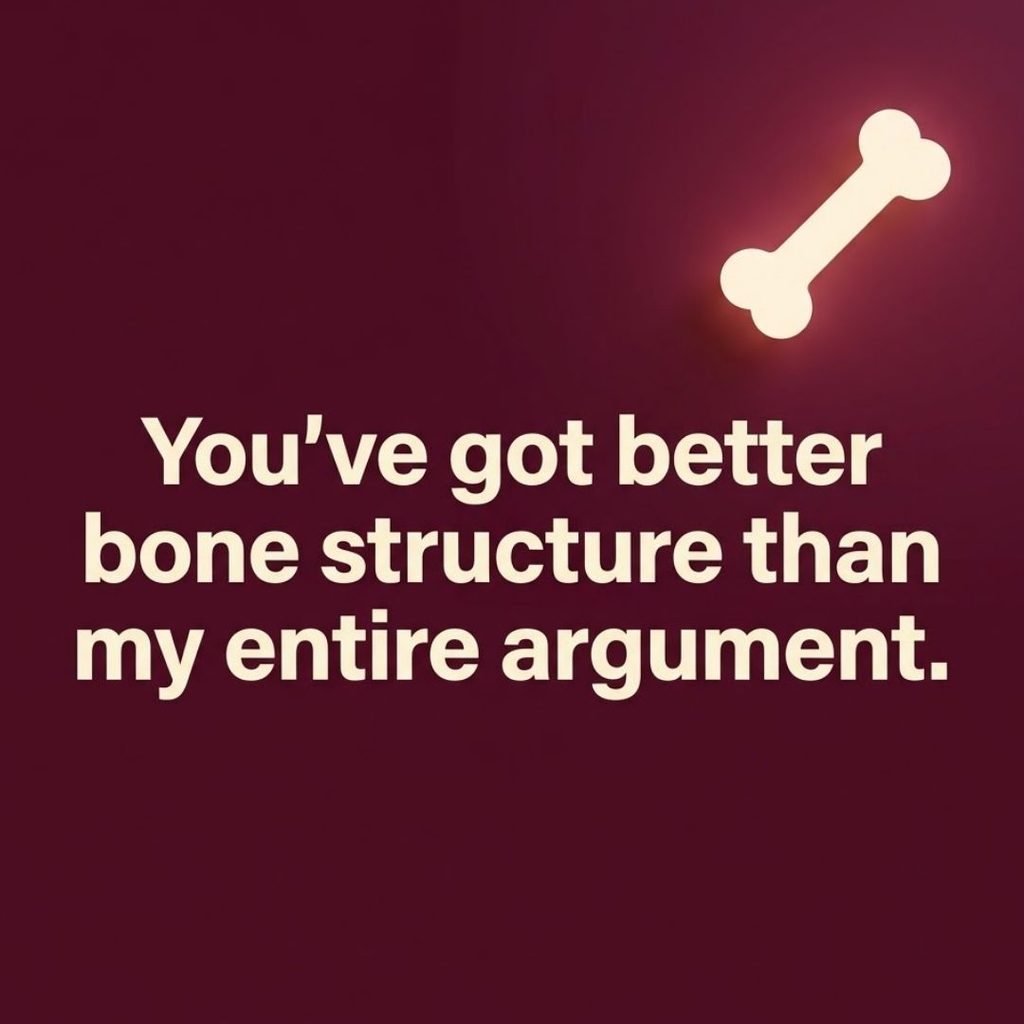 Clever skeleton pickup lines on a minimalist deep burgundy background with a glowing bone icon