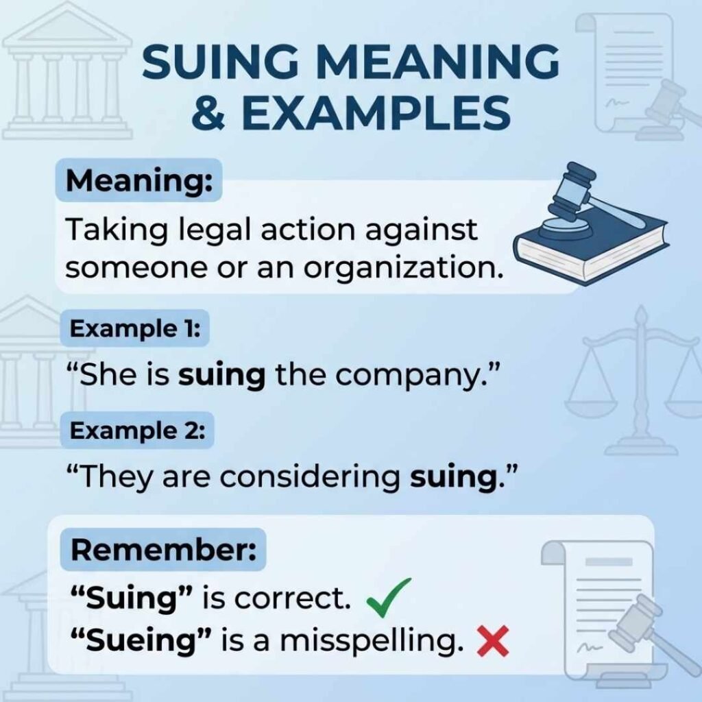 Suing meaning and example sentences information graphic