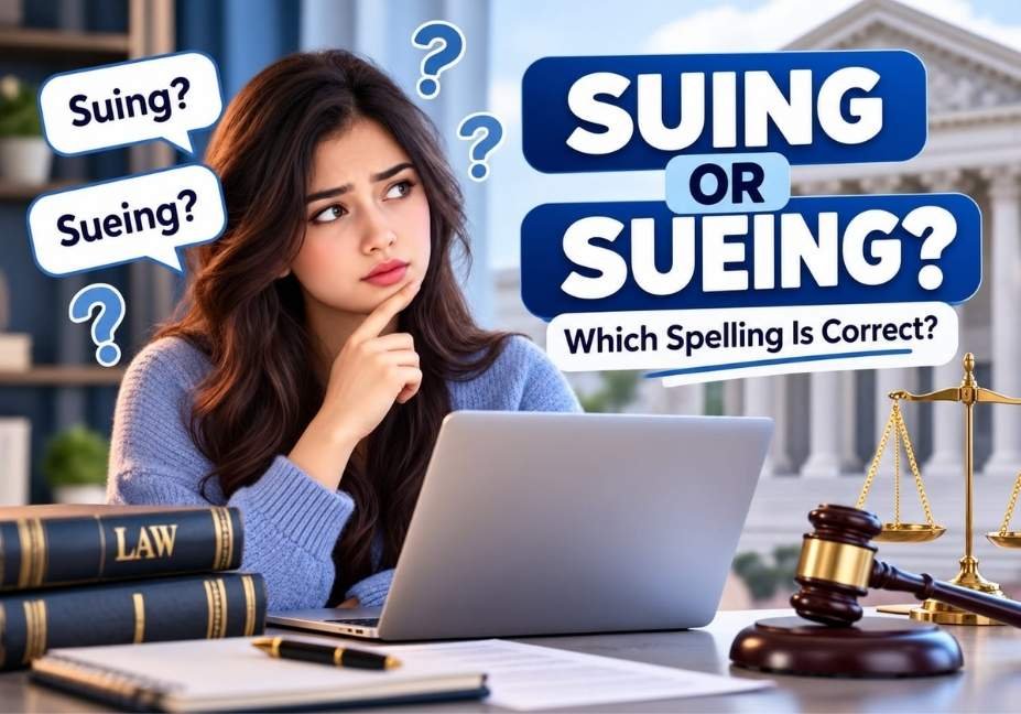 Suing or sueing spelling comparison with legal themed background