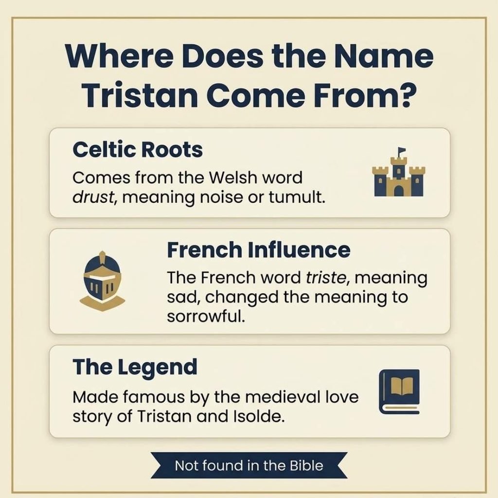 Infographic showing the Celtic and French origin of the name Tristan and its meaning