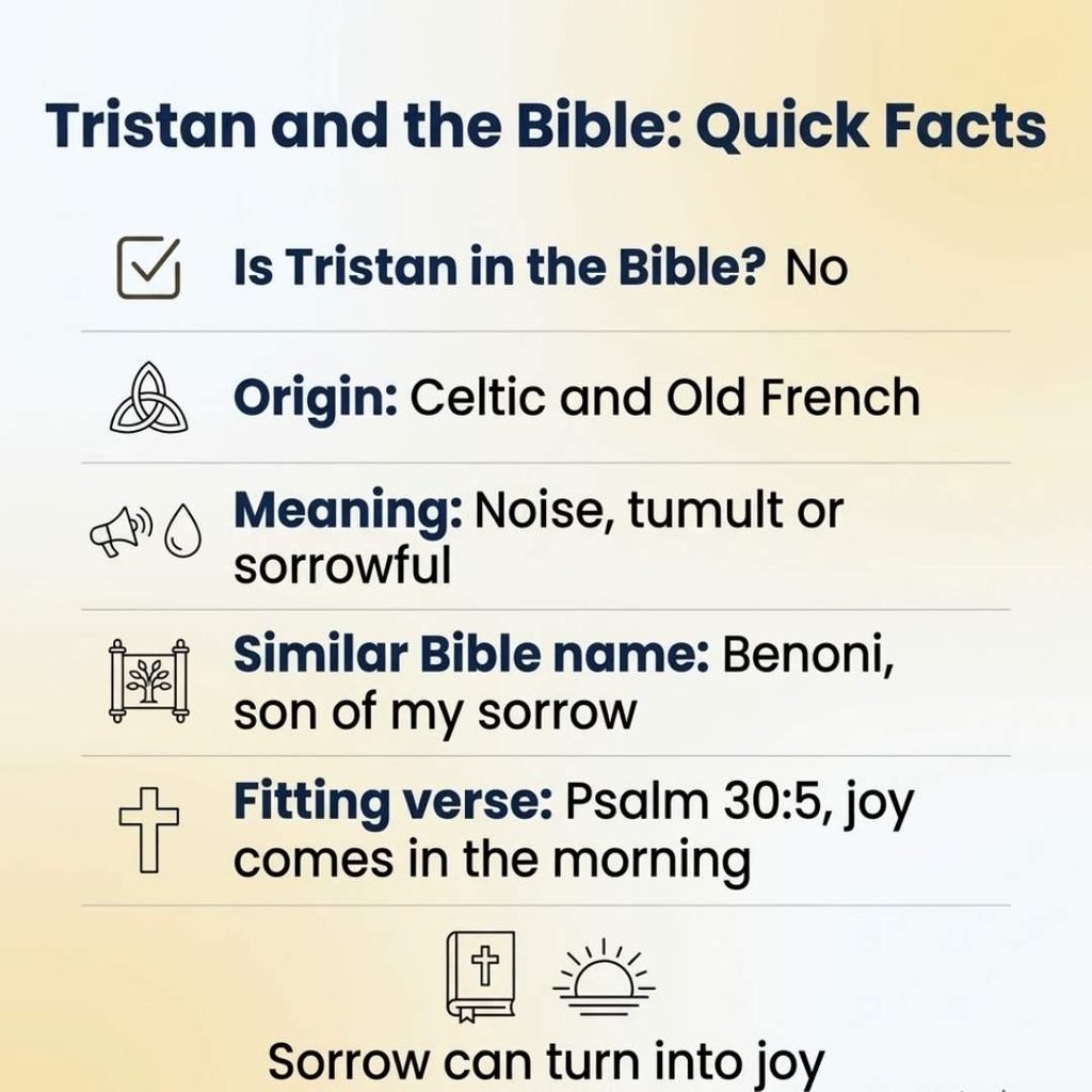 Quick facts infographic on Tristan and the Bible with meaning and Psalm 30:5 verse