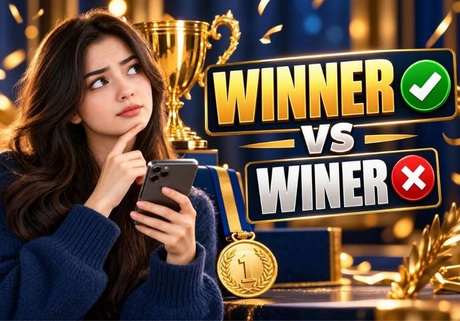 Winner vs Winer spelling comparison with trophy and smartphone