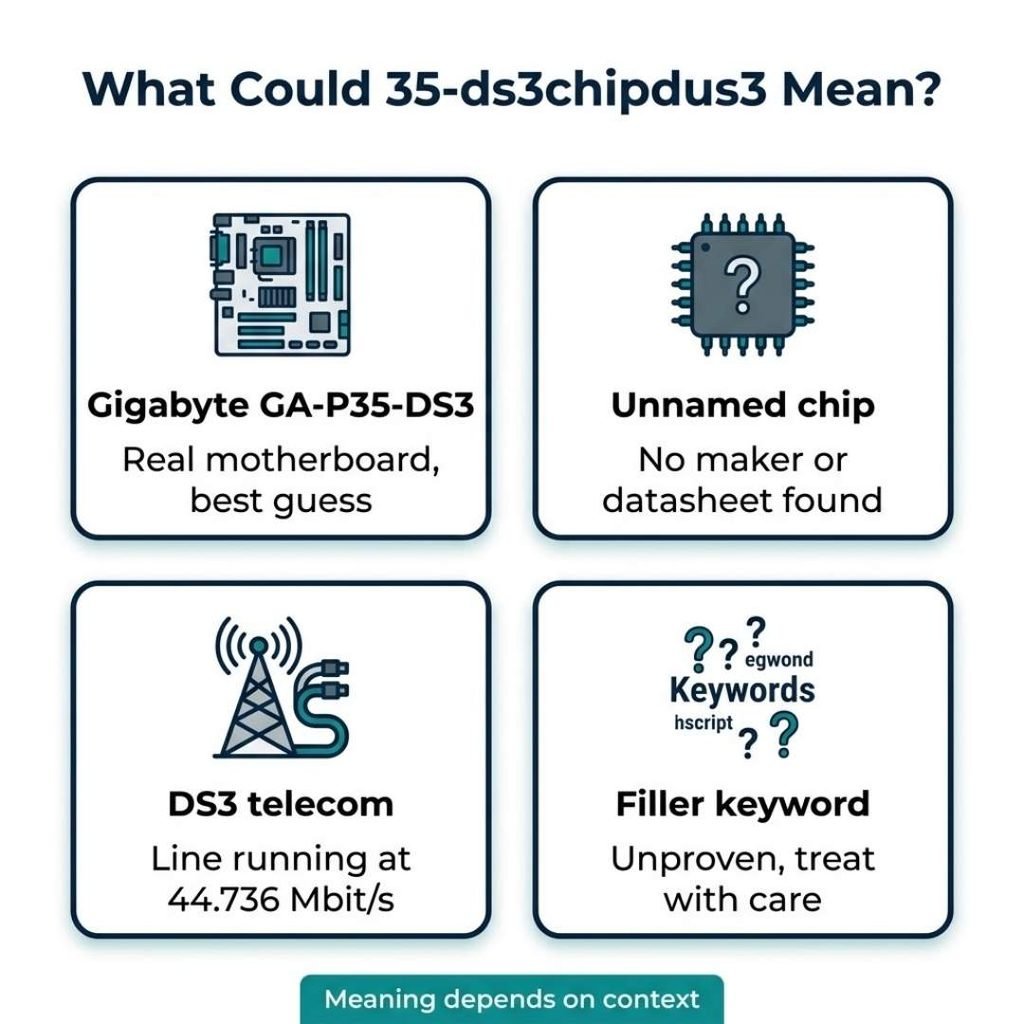 Infographic showing four possible meanings of the 35-ds3chipdus3 code, from a Gigabyte motherboard to filler keyword