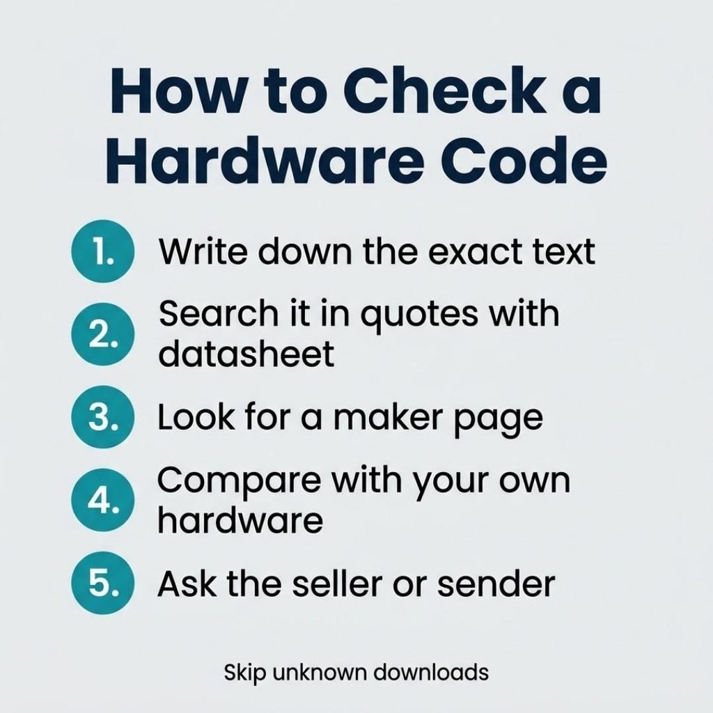 Five step checklist for verifying a hardware code such as 35-ds3chipdus3 before downloading anything