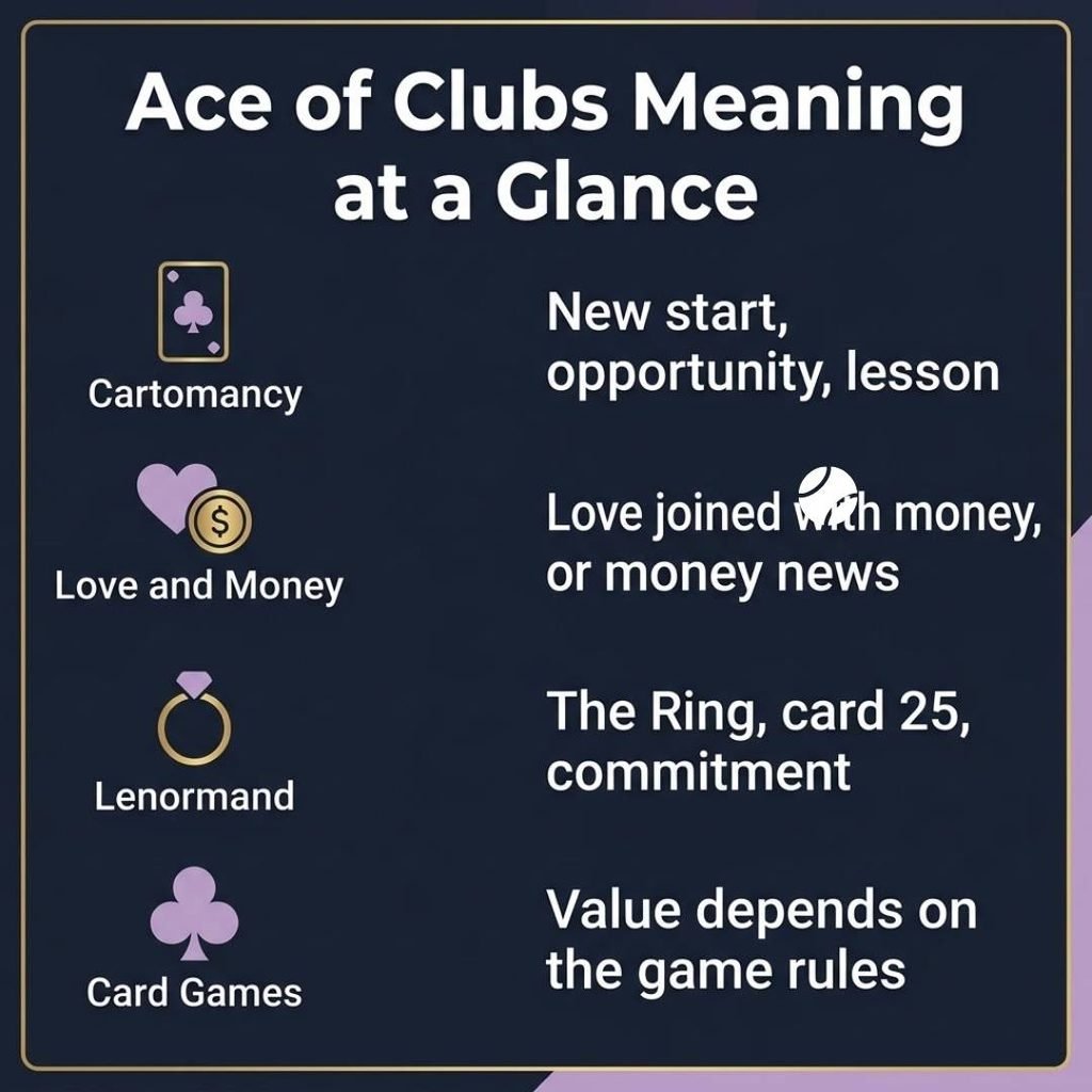 Ace of Clubs meaning at a glance infographic listing its meaning in cartomancy, love and money, Lenormand and card games