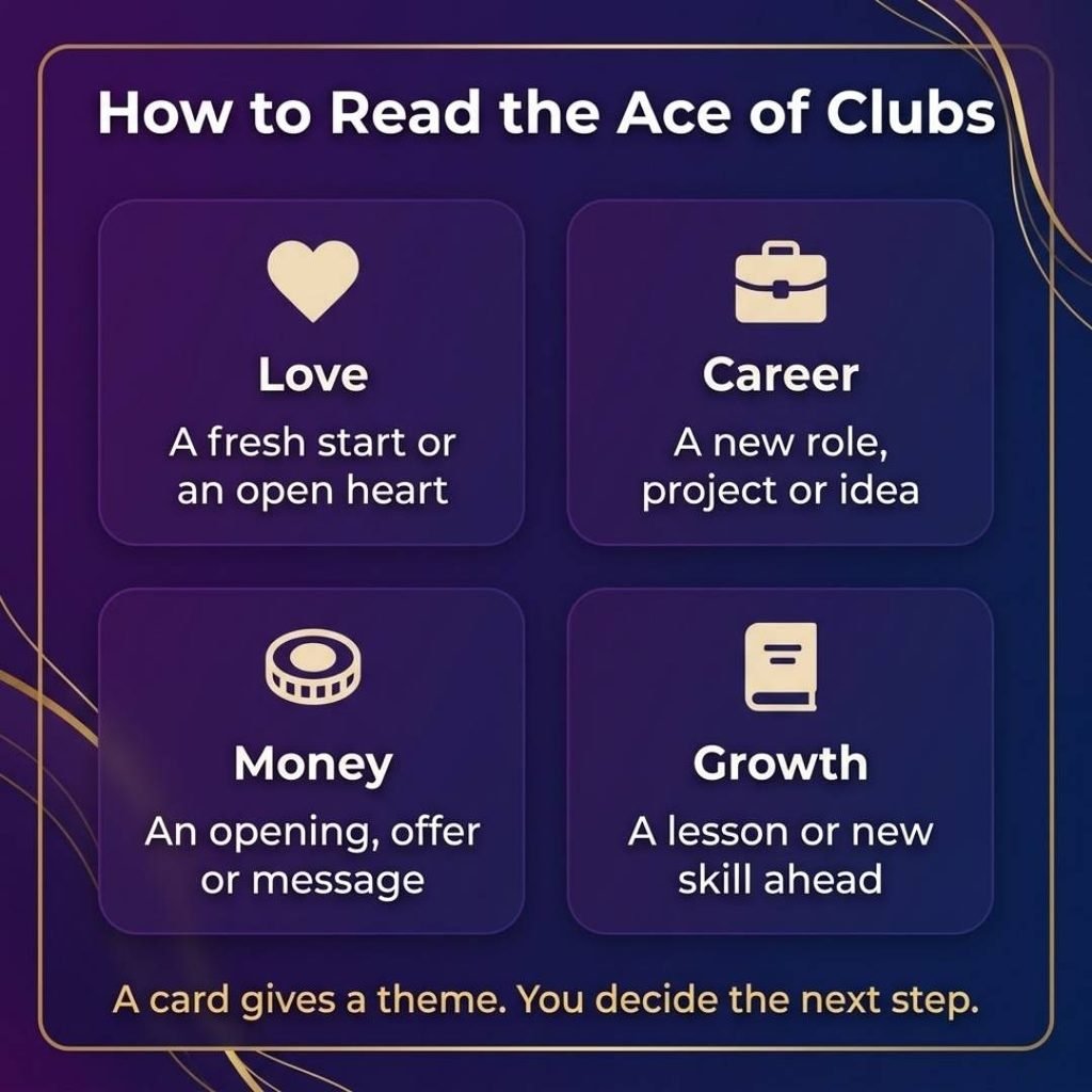 How to read the Ace of Clubs infographic showing its meaning for love, career, money and personal growth