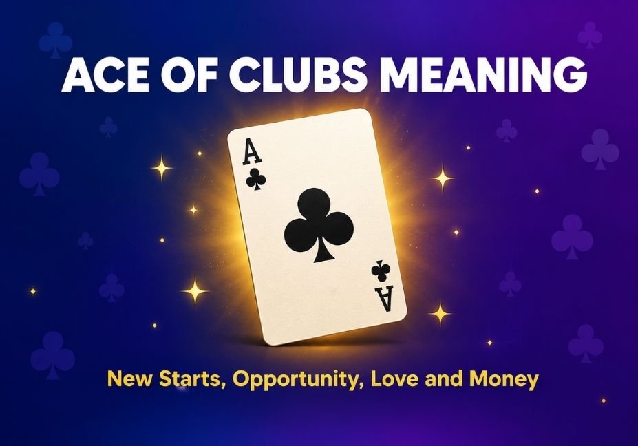 Ace of Clubs meaning featured image showing the Ace of Clubs playing card with the words new starts, opportunity, love and money