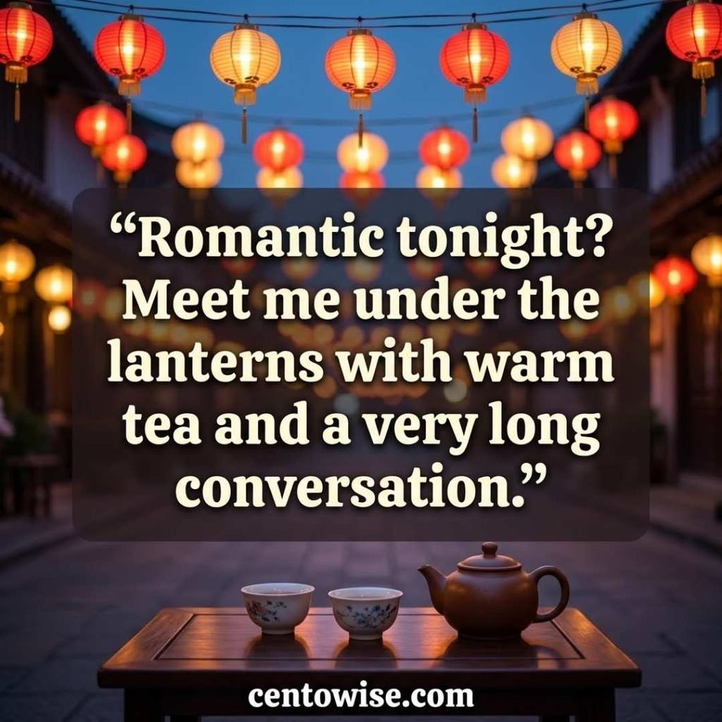 Romantic Asian pickup lines image with a bold lantern and warm tea line on a glowing evening street background