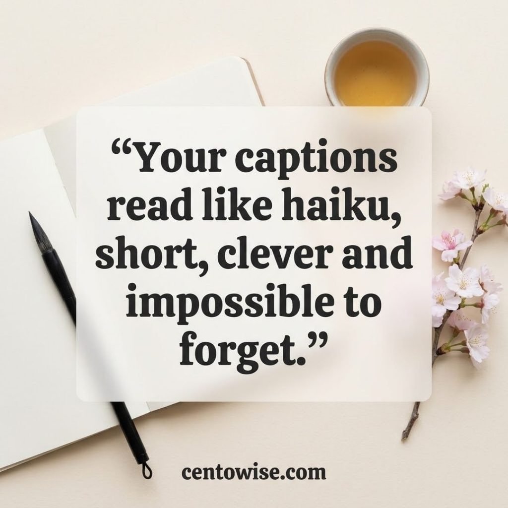 Smart Asian pickup lines for Instagram image with a bold haiku caption line on a minimalist notebook and tea background