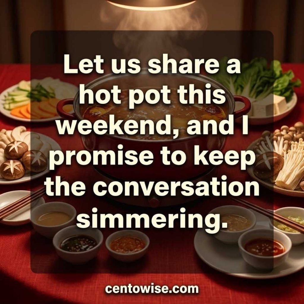 Best Asian-themed flirty lines image with a bold hot pot invitation line on a warm red dinner table background