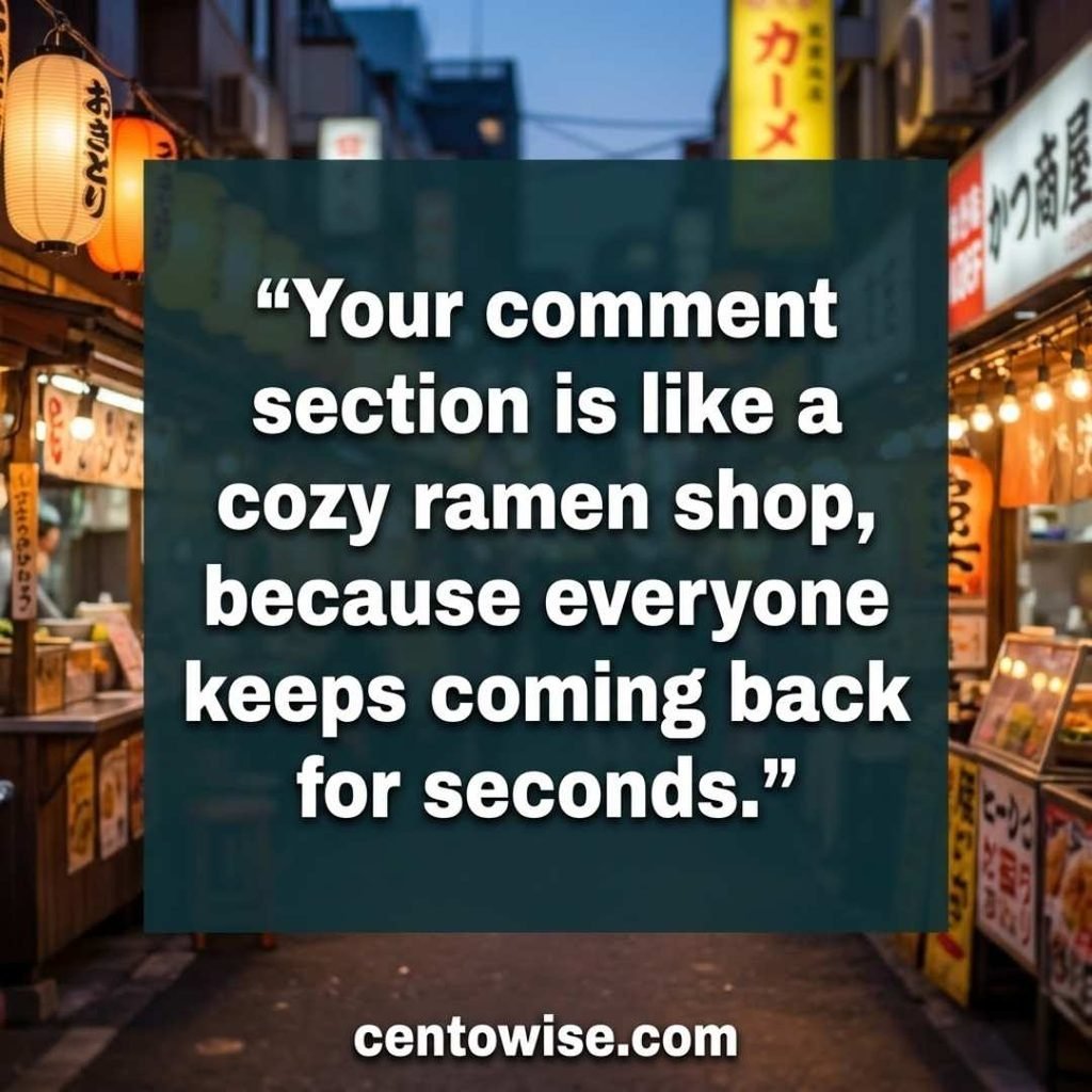 Witty Asian pickup lines for social media image with a bold ramen shop comment line on a glowing night market background