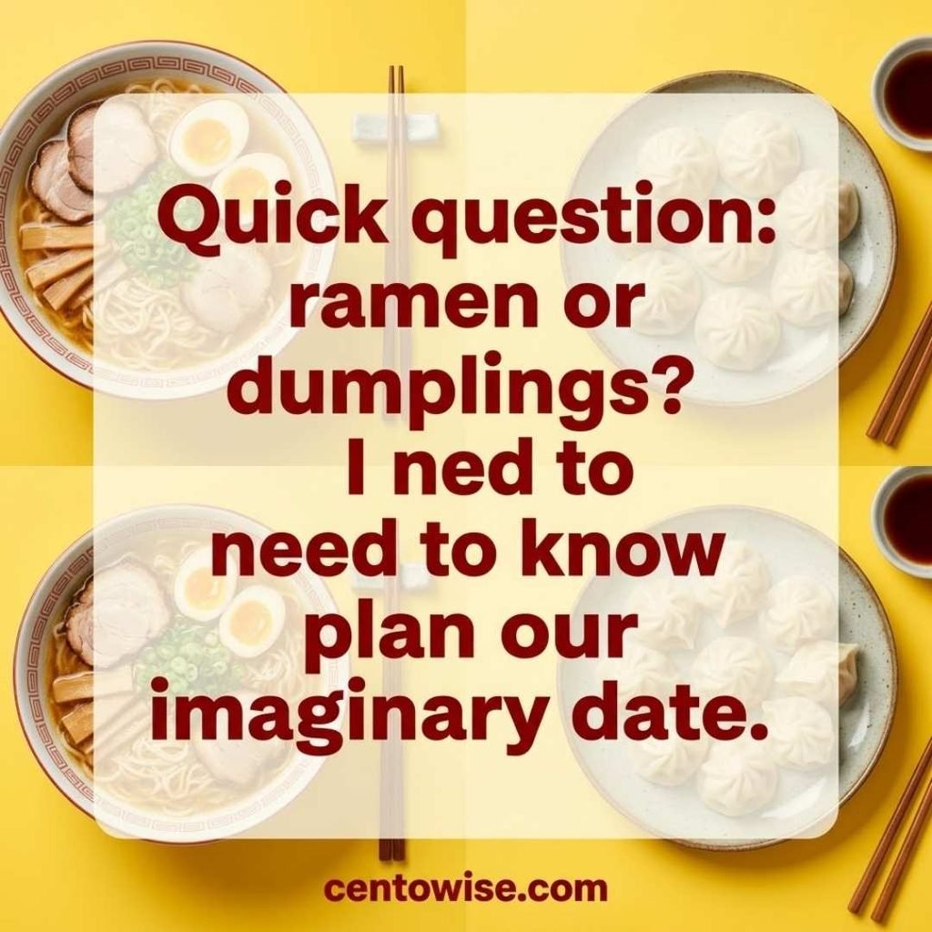 Asian pickup lines for DMs and chats image with a bold ramen or dumplings question on a bright yellow food background